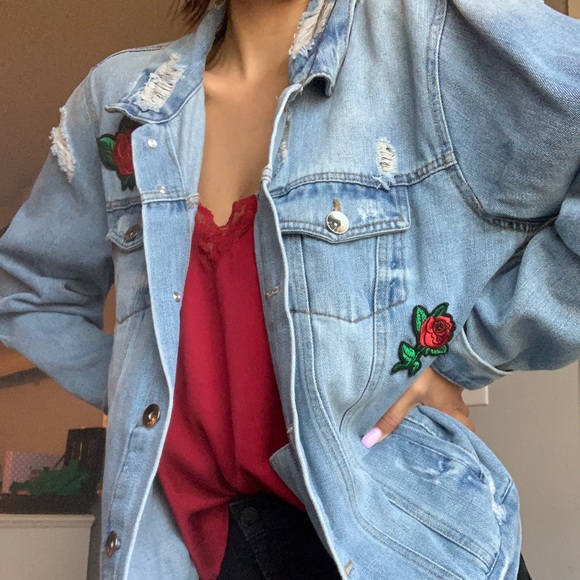 jean jacket with red roses